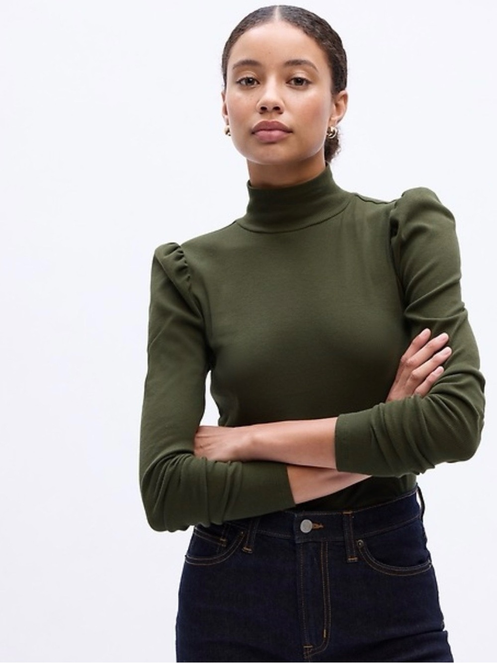 GAP Olive Green Turtleneck Puff-Sleeve Top
